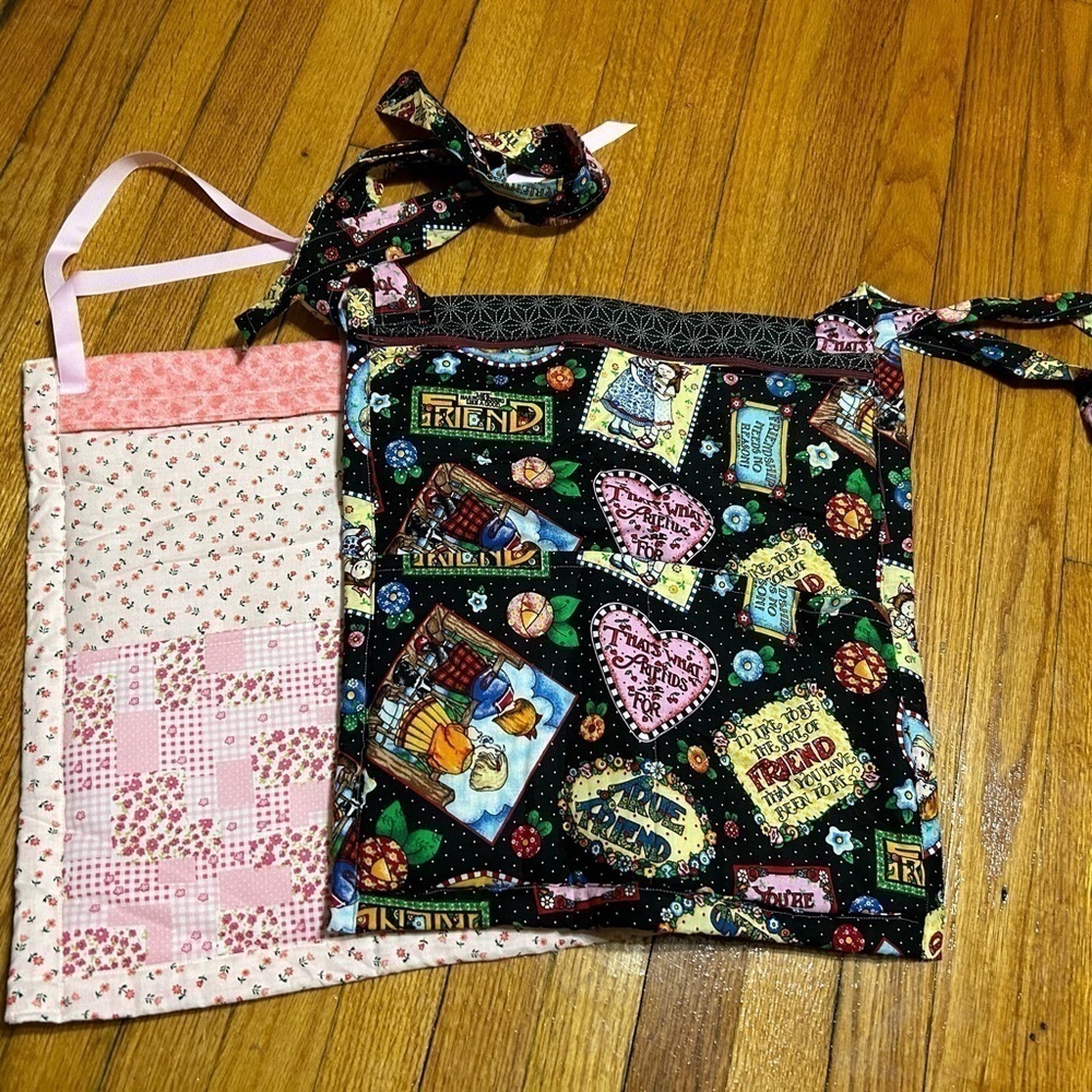 2 Handmade Unbranded Half  Apron  Mary Engelbreit Fabric Pockets Tie
